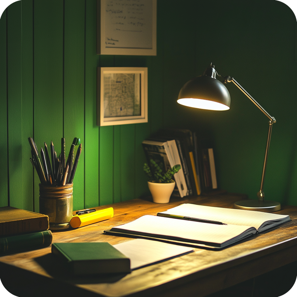 A desk touching a dark green wall with photos on. The desk has books, paper and pens on it from studying for an exam. All lit by a small desk lamp