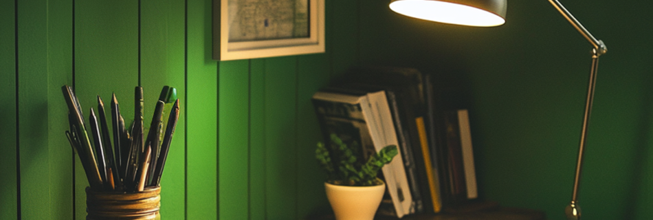 A desk touching a dark green wall with photos on. The desk has books, paper and pens on it. All lit by a small desk lamp