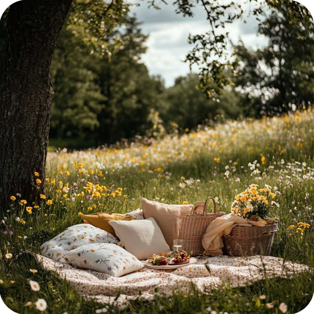 a picnic blanket in a grass field surrounded by flowers under a tree