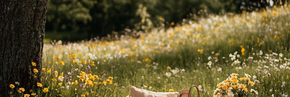 a picnic blanket in a grass field surrounded by flowers under a tree