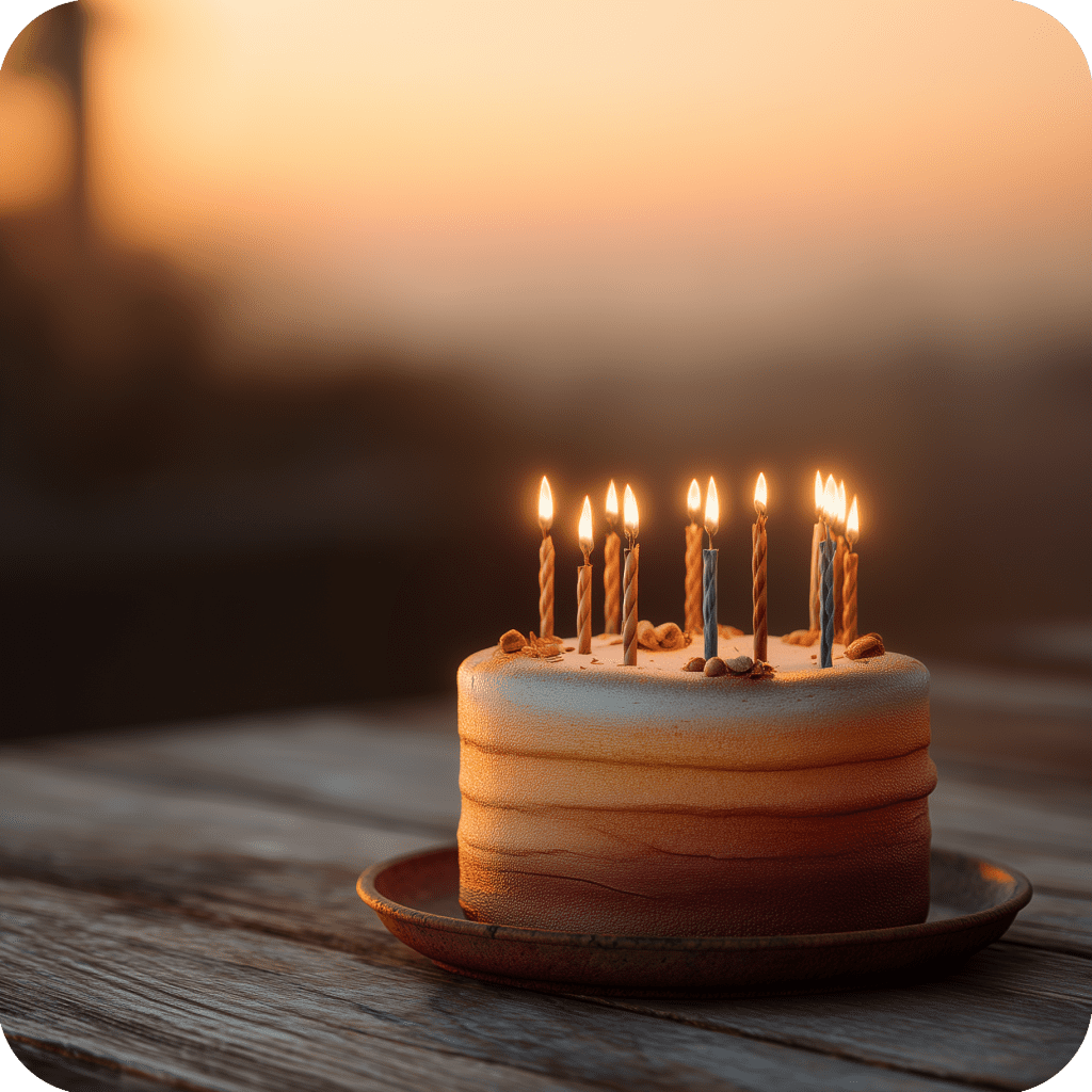an orange birthday cake with candles sticking out of it alight