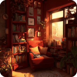 a sunlit red room with a comfy couch with lots of bookshelves around it