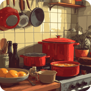 some red pots on a stove with cooking ingredients around it
