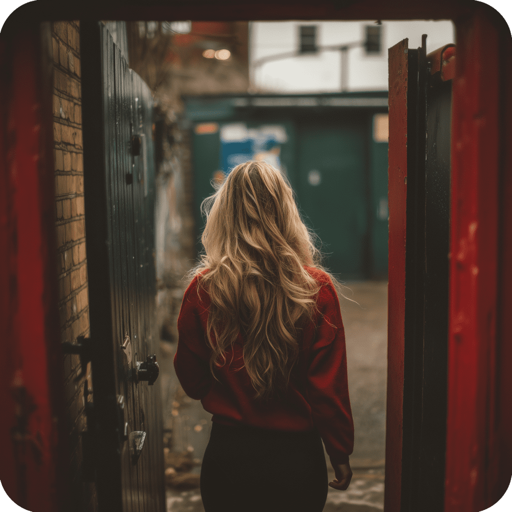 a blonde woman walking through a doorway wearing a red jumper and black jeans