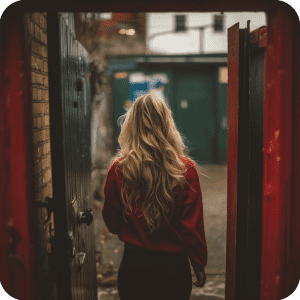 a blonde woman walking through a doorway wearing a red jumper and black jeans