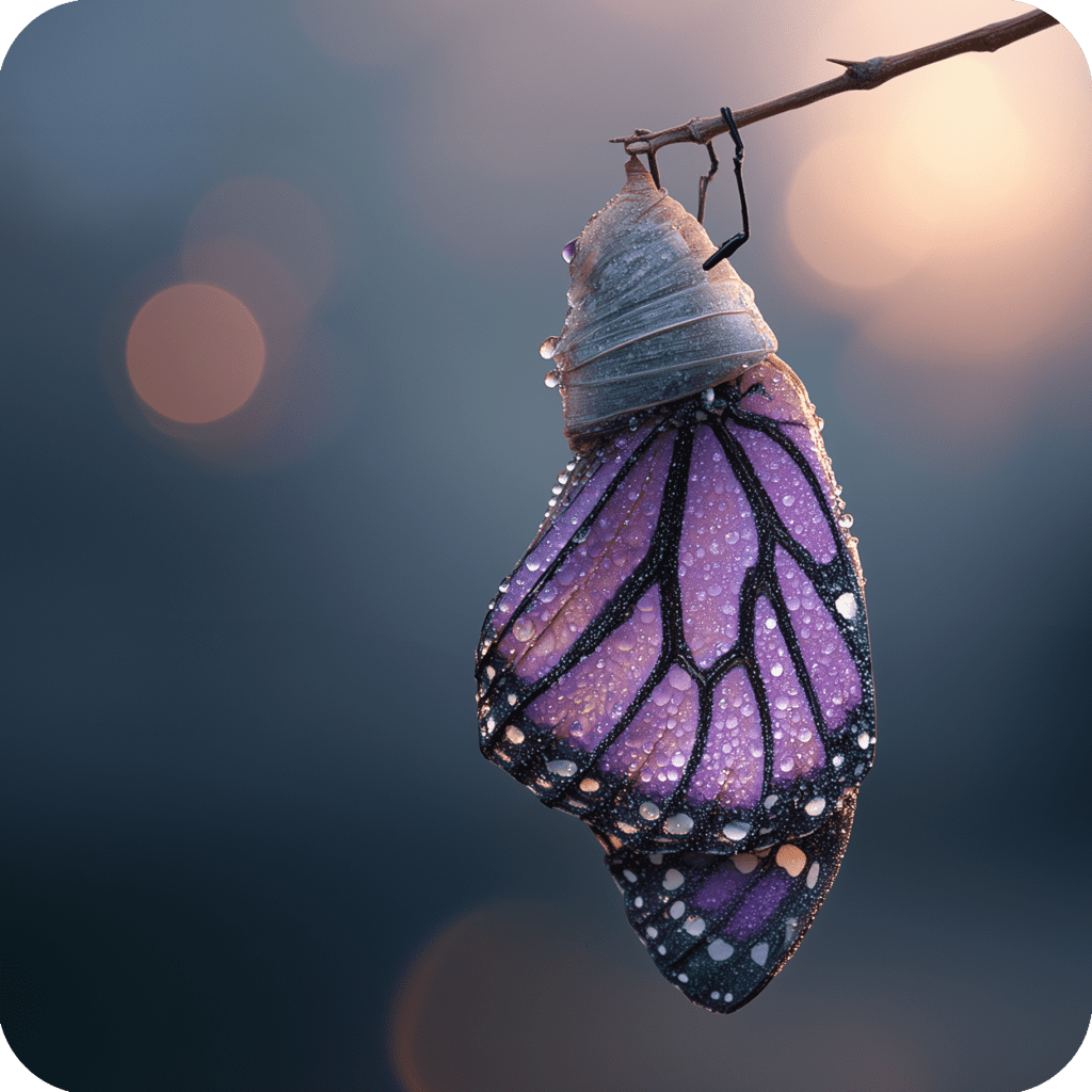 a purple butterfly coming out of its cocoon